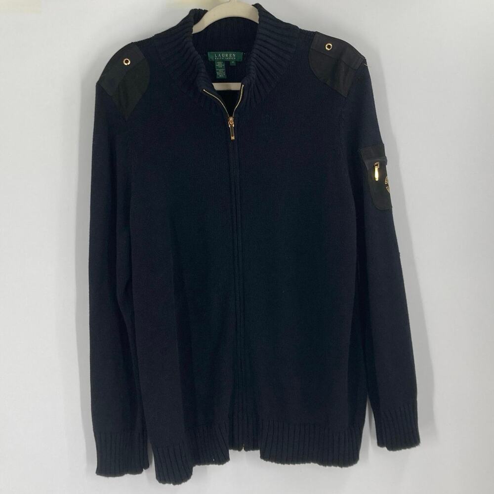 Lauren Ralph Lauren Black Full Zip Shoulder  Patch Knit Sweater 1X Old Money